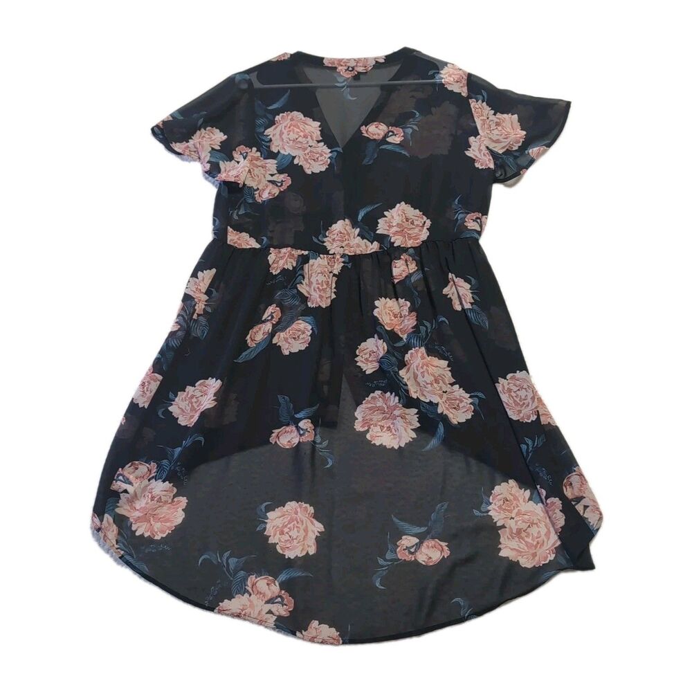 Torrid LEXIE Babydoll Chiffon Hi-Low Tunic Top Size 00 Button Up Black Floral - Picture 3 of 7